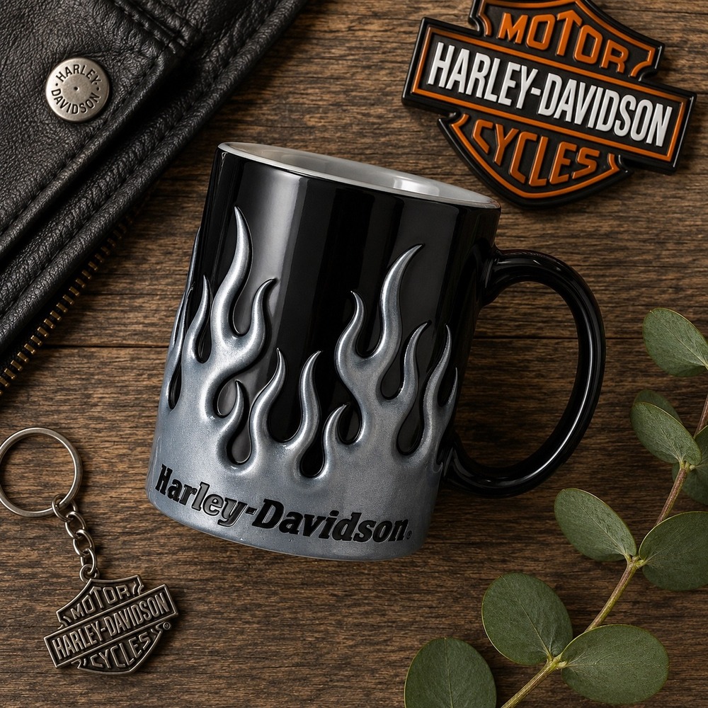 Harley-Davidson 3D Raised Flame Ceramic Coffee Mug Black Silver Biker Core